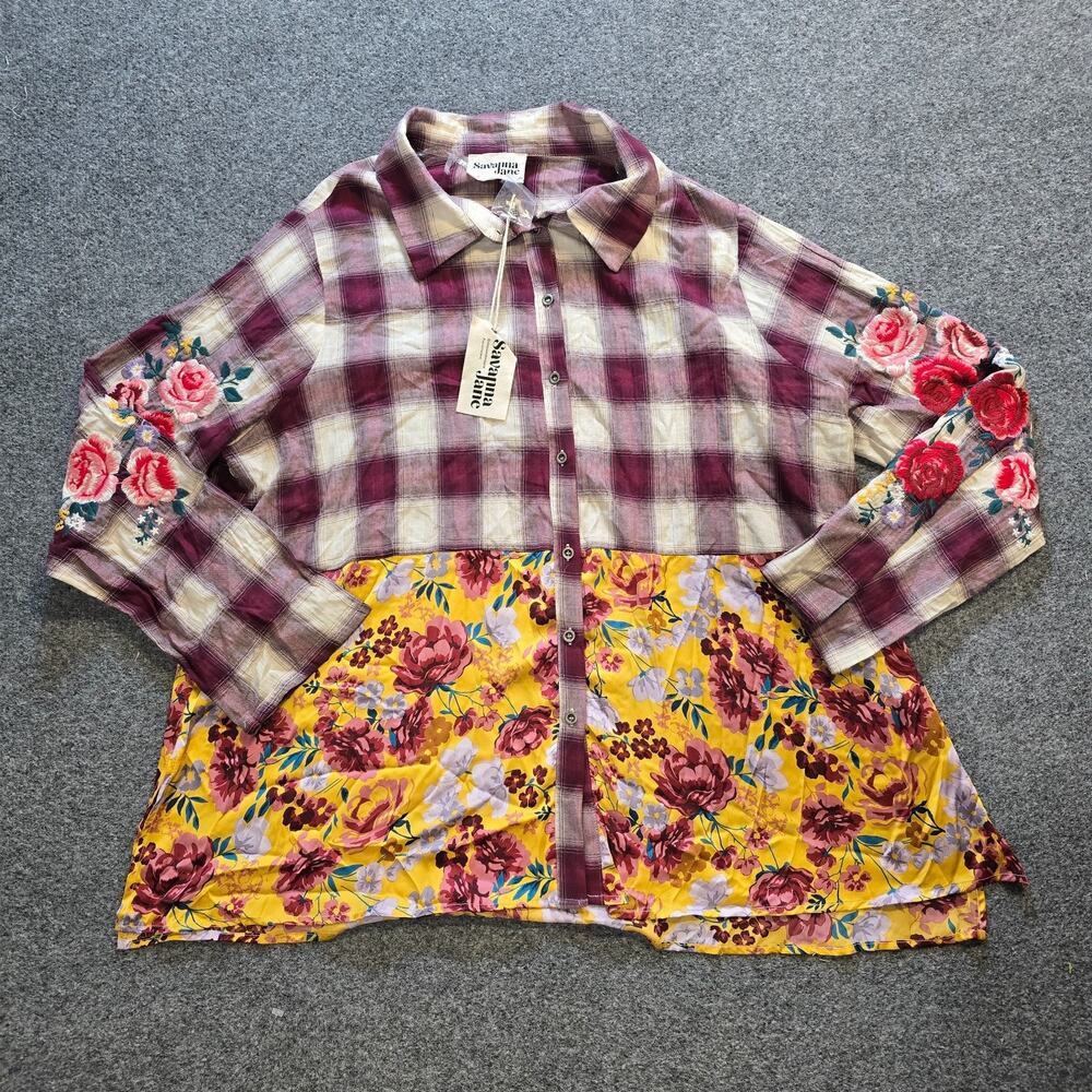 Savannah Jane Top Women Size 2X Red Plaid Floral Embroidery Button Up Tunic Boho